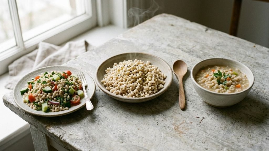 Three barley preparations showing softer soup grains, distinct salad grains and a moderately tender side dish.