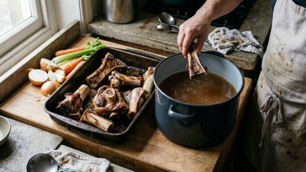 Browned beef bones on a roasting tray beside a stockpot of dark broth in a working kitchen.