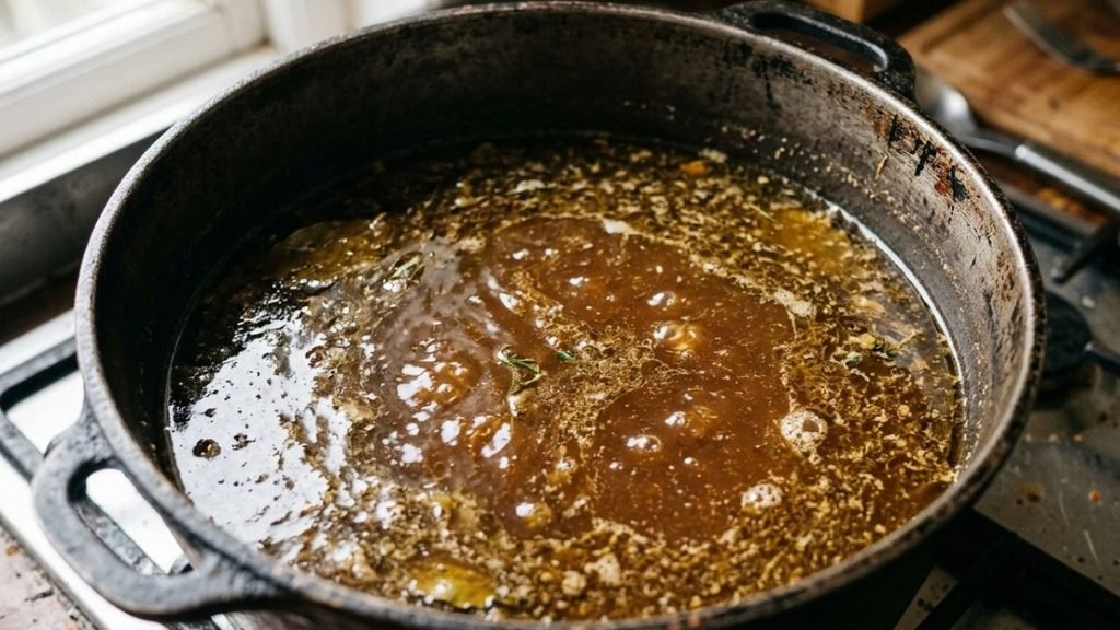Close-up of beef broth gently simmering with small bubbles across the surface.