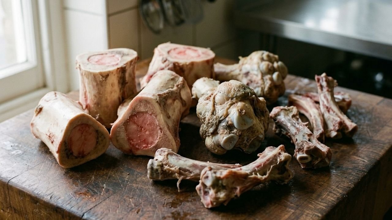 Different beef bones, including marrow and joint bones, arranged on a wooden work surface.