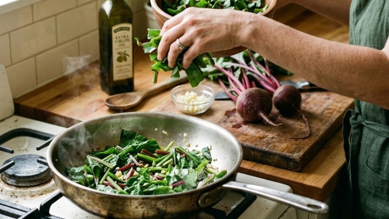 Hands adding chopped beet greens to a pan while whole beets sit on a cutting board nearby.

