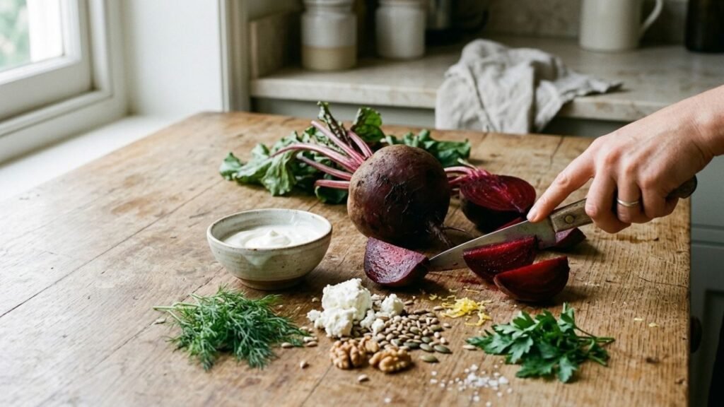 Roasted beet wedges, a whole beet with greens, herbs, citrus and yogurt arranged on a kitchen work surface.