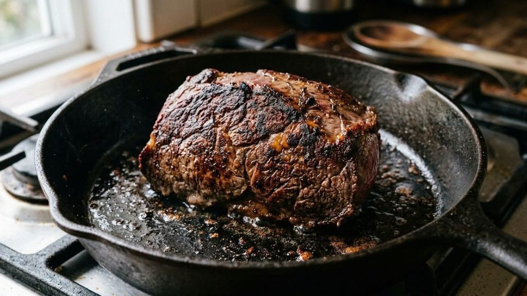 Close-up of a rump roast developing a dark browned crust in a cast-iron pan.