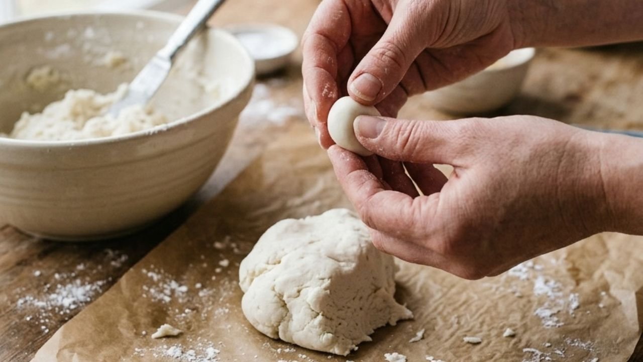 Hands gently shaping a soft white butter-mint dough beside a mixing bowl.