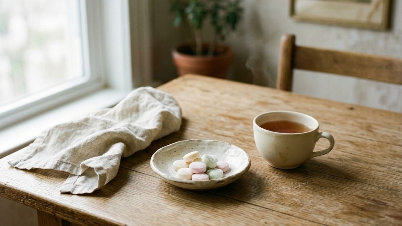 Small ceramic dish of pastel butter mints beside a cup of tea on a linen-covered table.