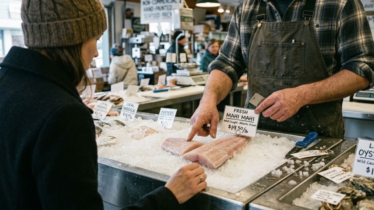 “Fishmonger’s hands examining a mahi mahi fillet over ice.”

