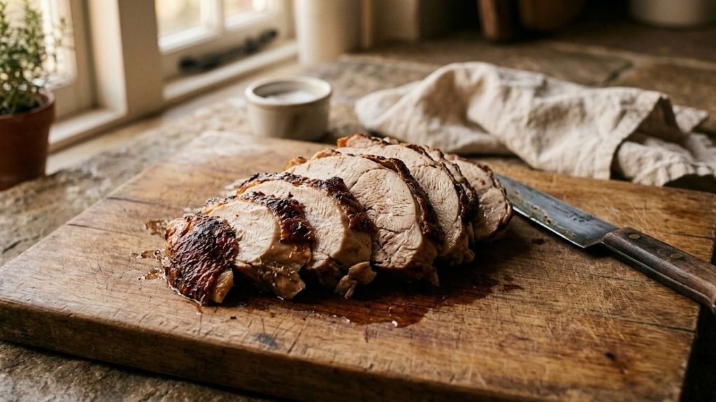 Carved roast turkey slices showing browned skin and moist interior on a wooden board.

