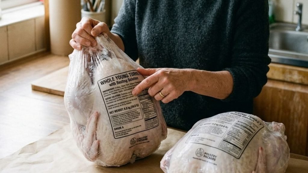 Hands inspecting the added-solution information on a whole turkey package.


