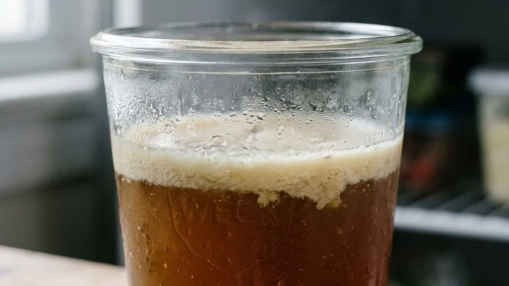 Chilled beef broth set into a soft amber gelatin in a glass container.
