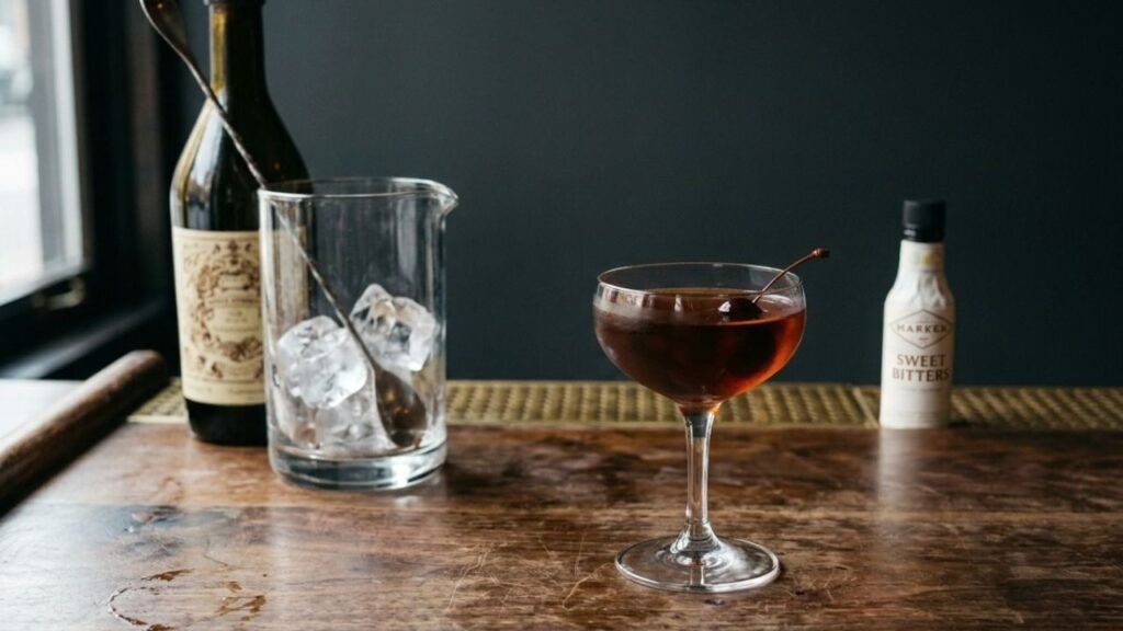 Manhattan cocktail in a chilled glass beside a mixing glass, bar spoon, ice, and vermouth on a dark wooden bar.