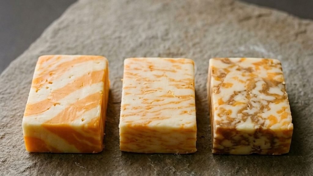 Three slices of Colby Jack cheese with different orange-and-ivory marbling patterns.

