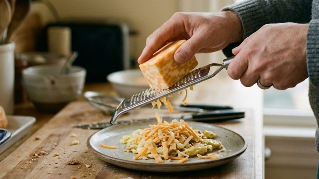 Hand slicing Colby Jack cheese on a wooden cutting board beside a simple meal.

