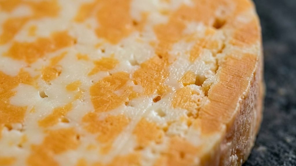 Close-up of Colby Jack showing a supple cut interior beside a slightly dry outer edge.


