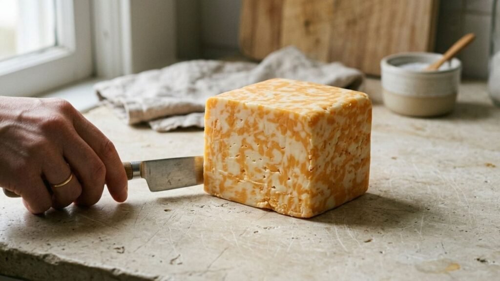 Freshly cut block of Colby Jack cheese showing irregular orange and ivory marbling on a stone kitchen surface.