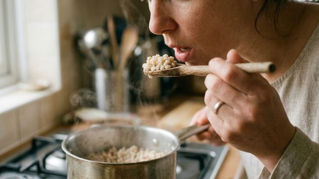 Cook tasting cooked barley from a spoon beside a saucepan.
