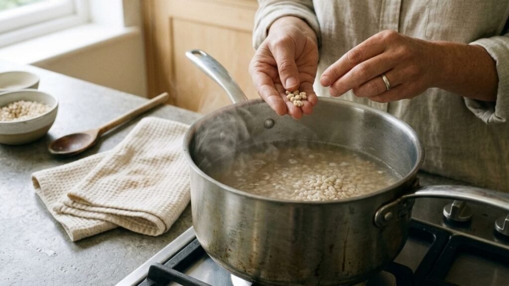 Hand holding several cooked barley grains above a steaming saucepan.