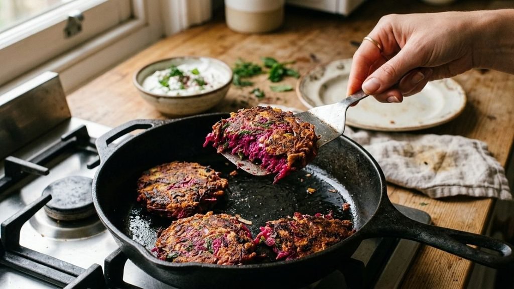 Hand lifting a browned beetroot fritter from a pan beside a bowl of yogurt.

