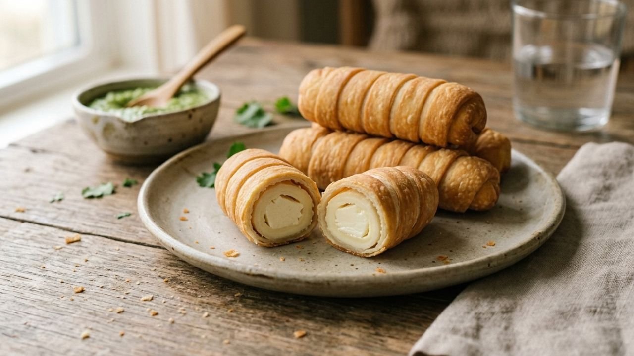 Broken-open golden tequeño showing softened white cheese inside its crisp dough shell.