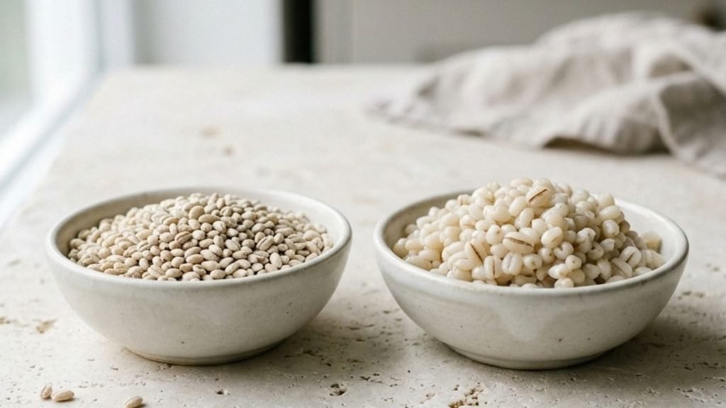 Dry barley grains beside larger cooked barley grains in two shallow dishes.
