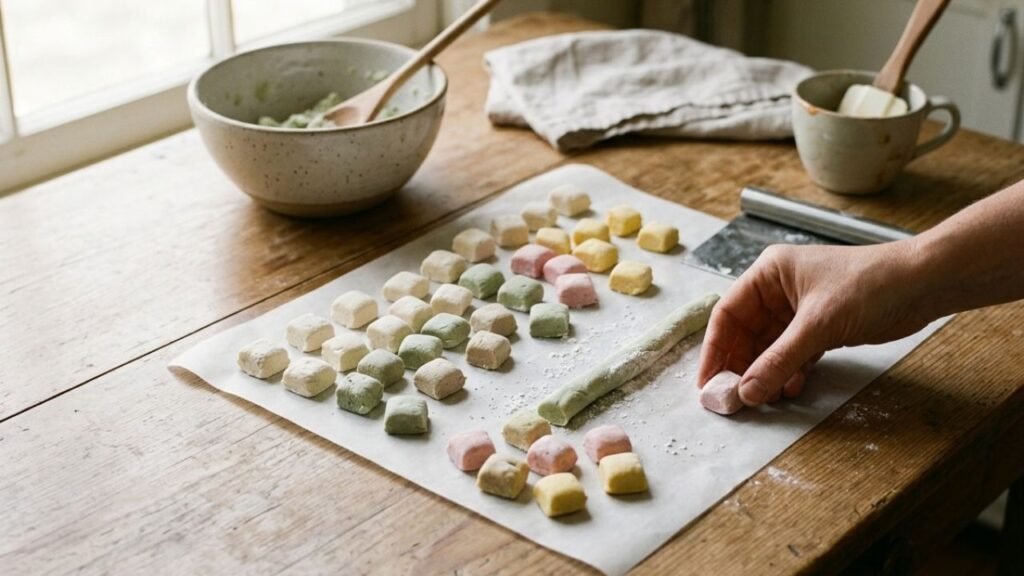 Pastel butter mints, mint dough, and parchment on a table as a hand shapes one piece.
