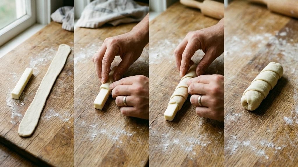 Four stages showing dough being wrapped around and sealing a cheese stick for a tequeño.