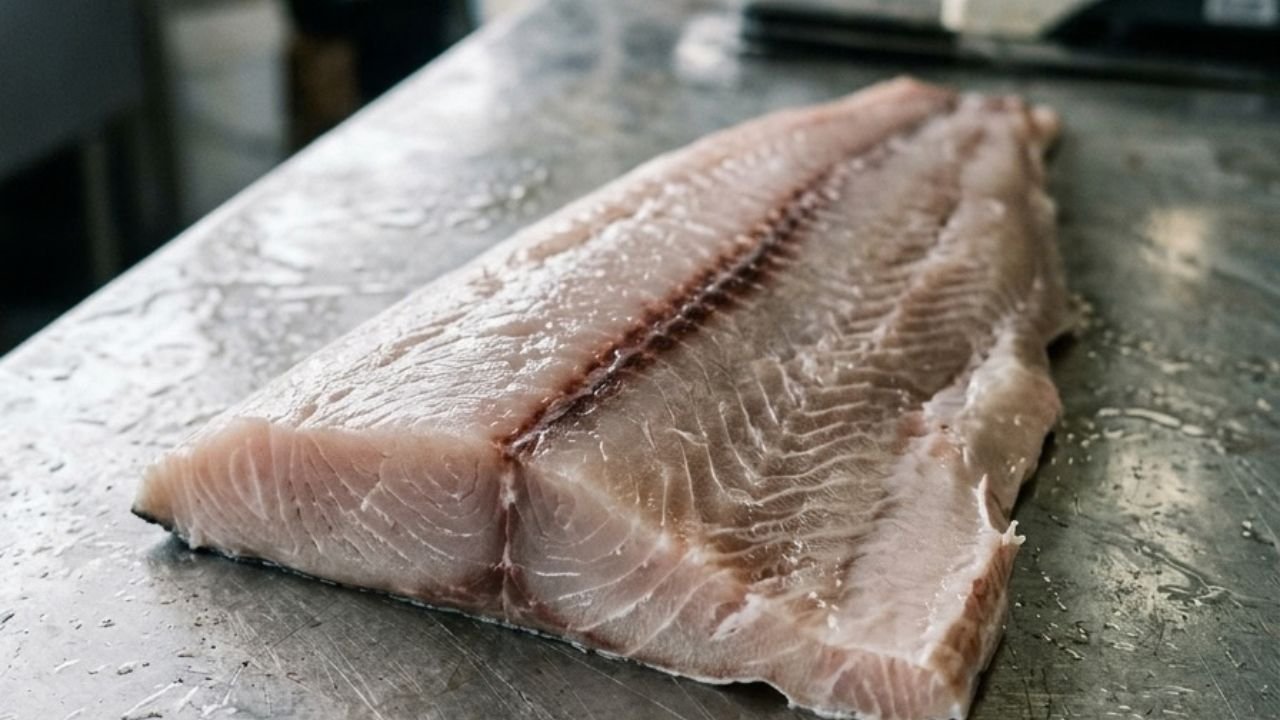 “Raw mahi mahi fillet showing a dark muscle strip along its lateral line.”

