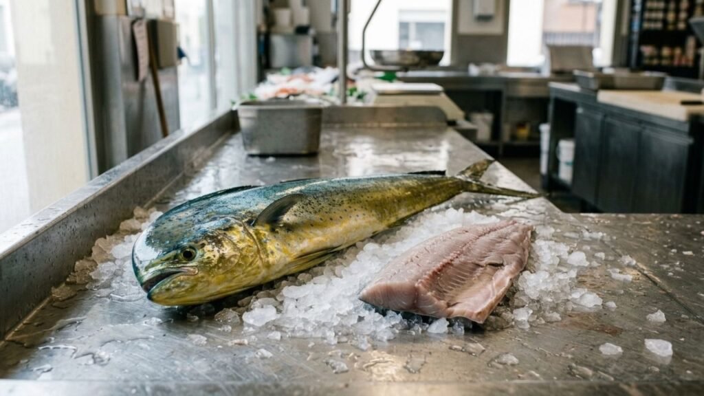 “Whole mahi mahi on ice beside a pale fish fillet at a seafood counter.”