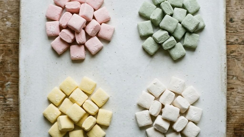 Small butter mints in pale pink, green, yellow, and white arranged in separate groups.