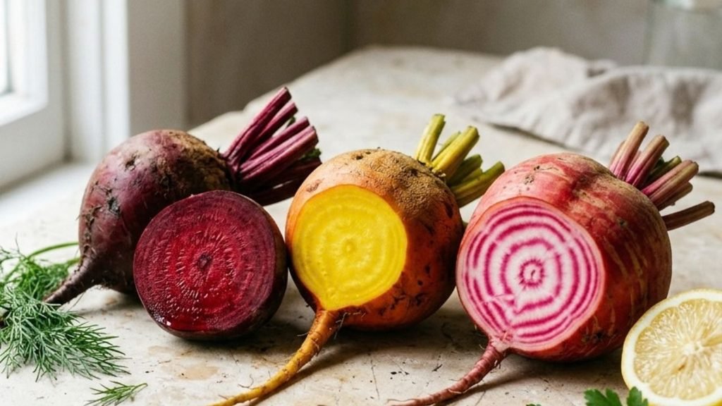 Red, golden and striped beets shown whole and cut on a pale stone surface.

