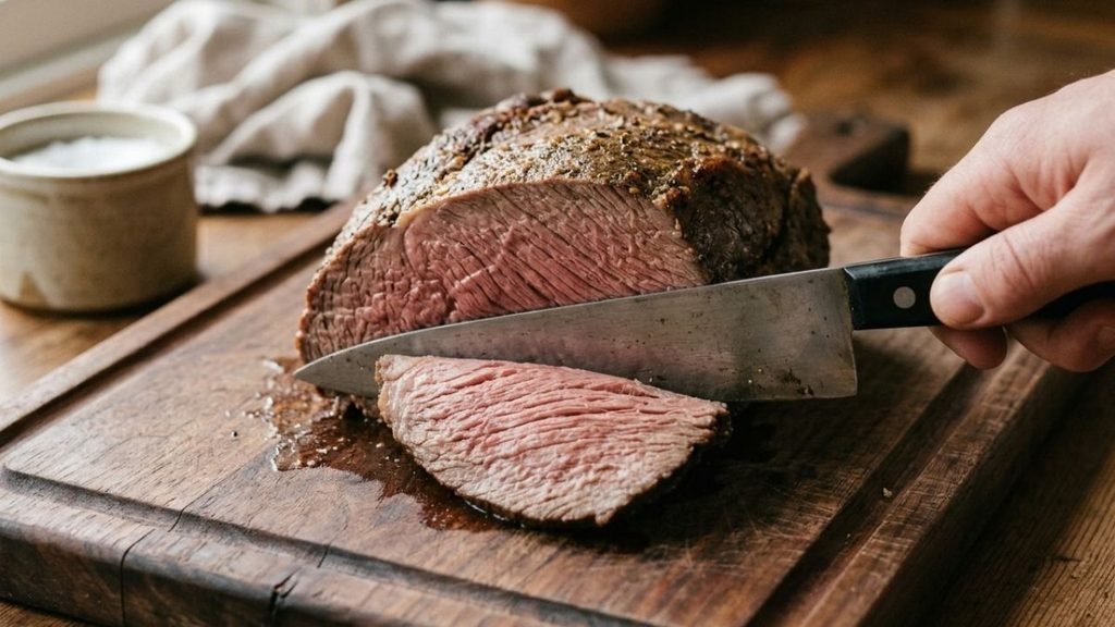 Close view of rump roast showing long muscle fibers with a knife positioned across the grain.