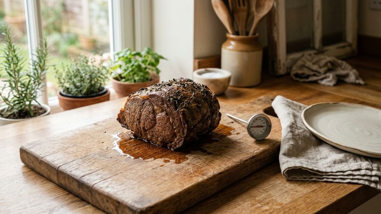 Cooked rump roast resting on a wooden board beside an instant-read thermometer.