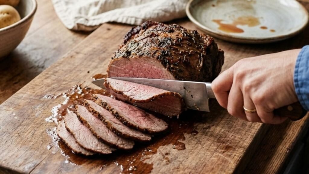 Partially sliced browned rump roast on a wooden board, with a knife cutting across the visible muscle grain.