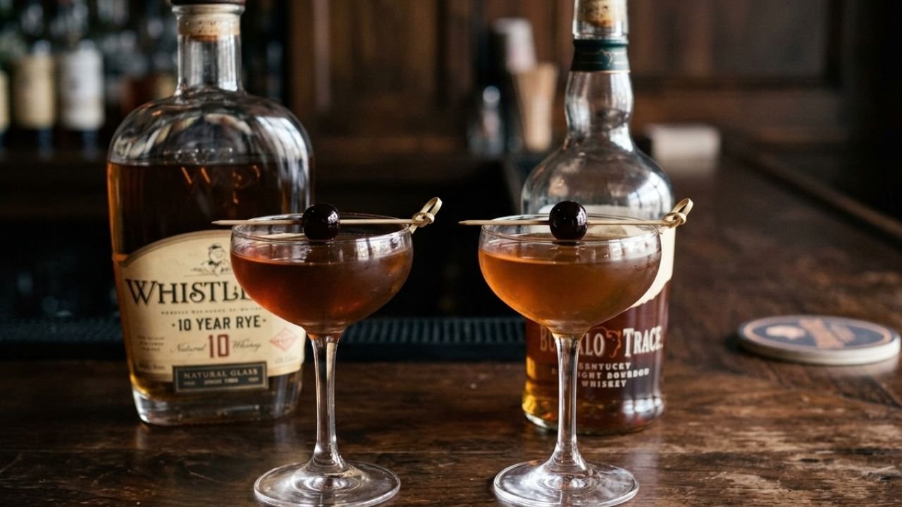 Two Manhattan cocktails shown side by side with rye whiskey and bourbon bottles behind them.

