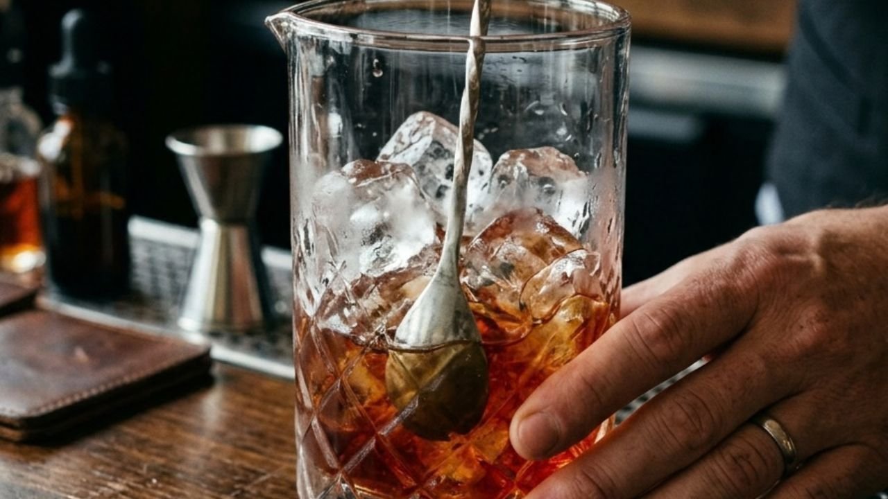 Hand stirring an amber Manhattan through ice in a glass mixing vessel.

