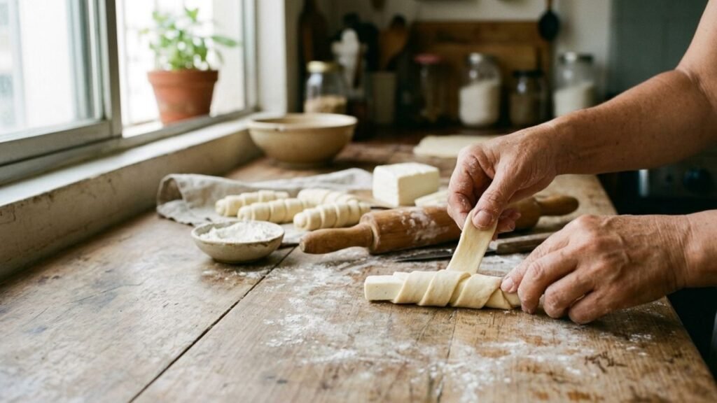 Hands wrapping a strip of dough around a white cheese stick to make a tequeño.