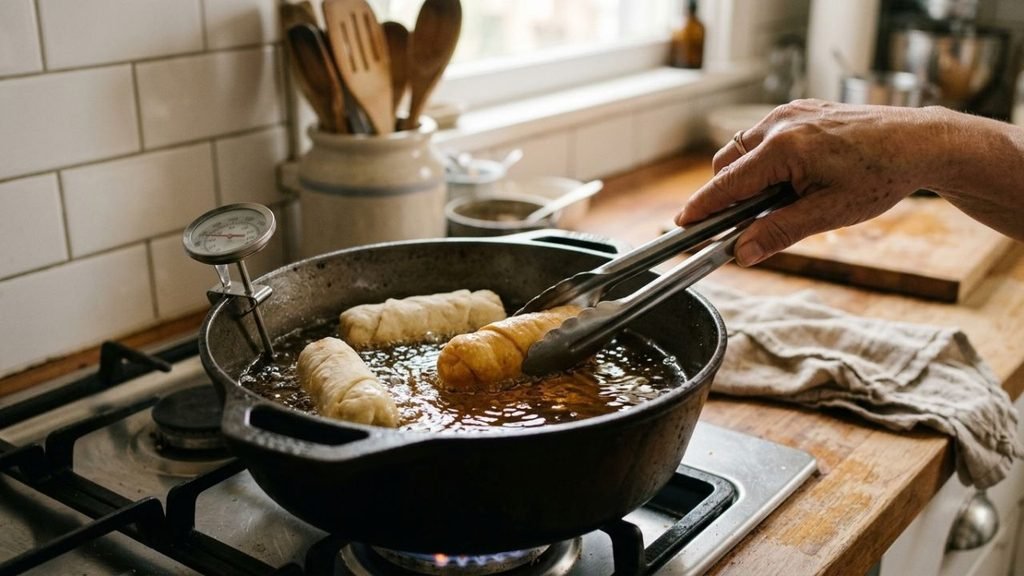 Several tequeños frying in hot oil while one is turned with metal tongs.