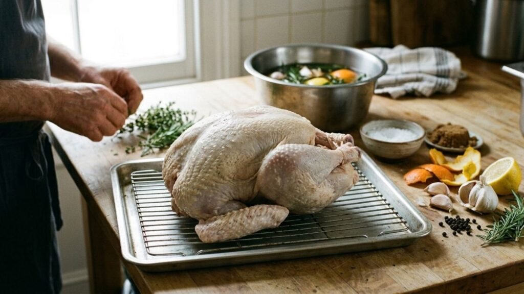 Whole turkey resting on a roasting rack with salt, citrus peel, herbs and a vessel of brine in the background.
