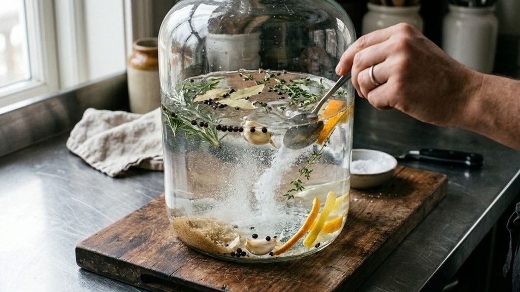 Salt, sugar, citrus peel and herbs being combined in water to make turkey brine.

