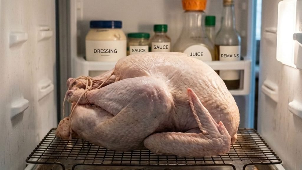 Brined turkey resting uncovered on a rack so its skin can dry before roasting.

