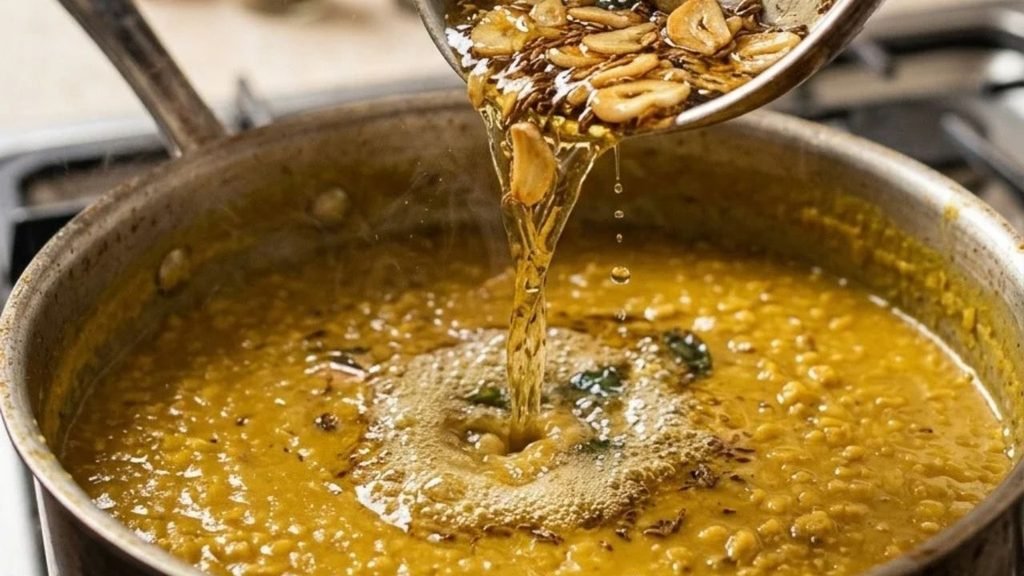 Golden garlic and cumin being added from a small pan to a pot of red lentil dal.
