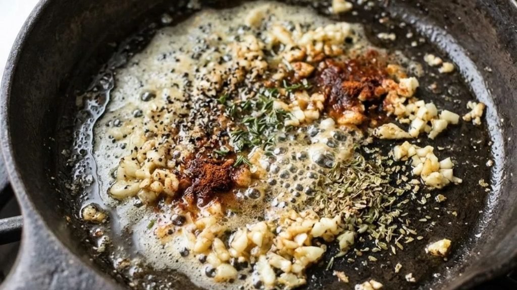 Minced garlic and black pepper cooking in melted butter in a dark skillet.