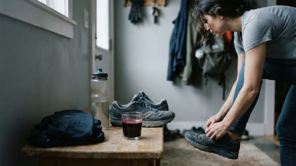 “Runner preparing for training with a glass of beetroot juice beside running equipment.”

