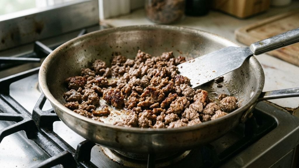Crumbled ground beef browning in a stainless-steel skillet.