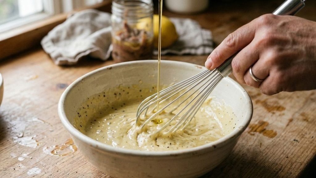 Thin stream of oil being whisked into a bowl of Caesar dressing.
