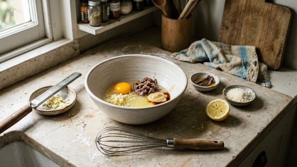 Egg yolk, anchovies, grated garlic, lemon and mustard beside a mixing bowl for Caesar dressing.