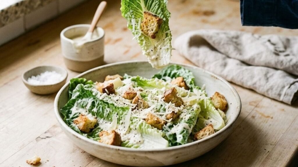 Hand lifting a crisp romaine leaf coated with Caesar dressing beside a bowl of salad.