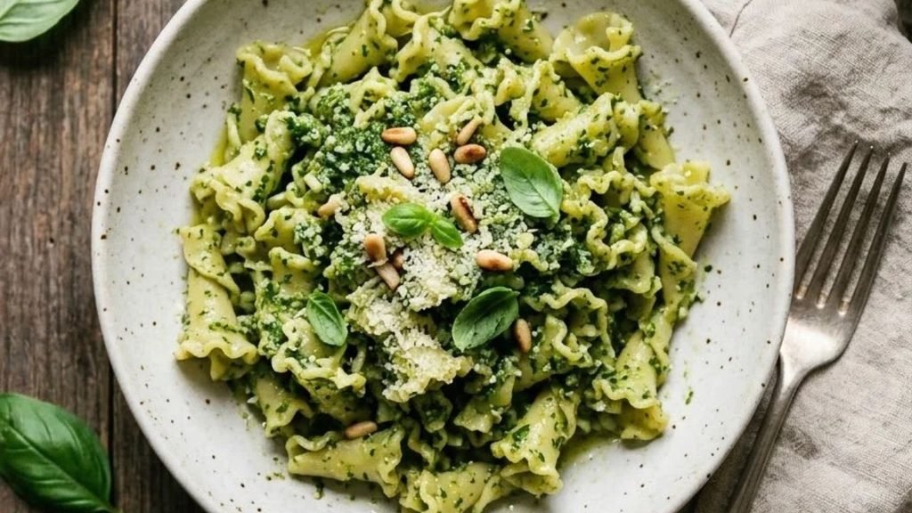  Campanelle coated in green basil pesto with grated cheese and a few pine nuts.