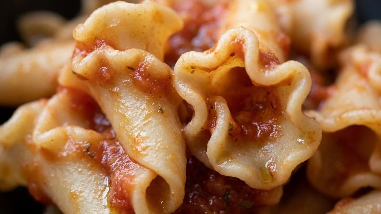  Close-up of tomato sauce coating the ridges and folds of campanelle pasta.