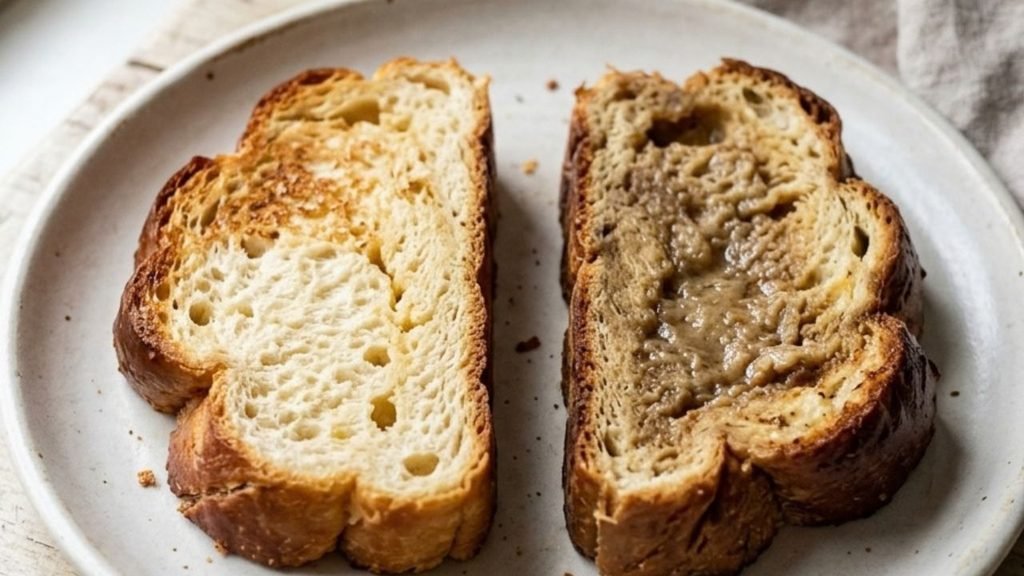 Two thick challah French toast cross-sections showing a tender cooked center and a visibly wet undercooked center.