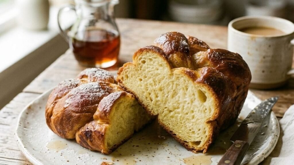 Thick challah French toast cut open to show a golden crust and tender, cooked center.